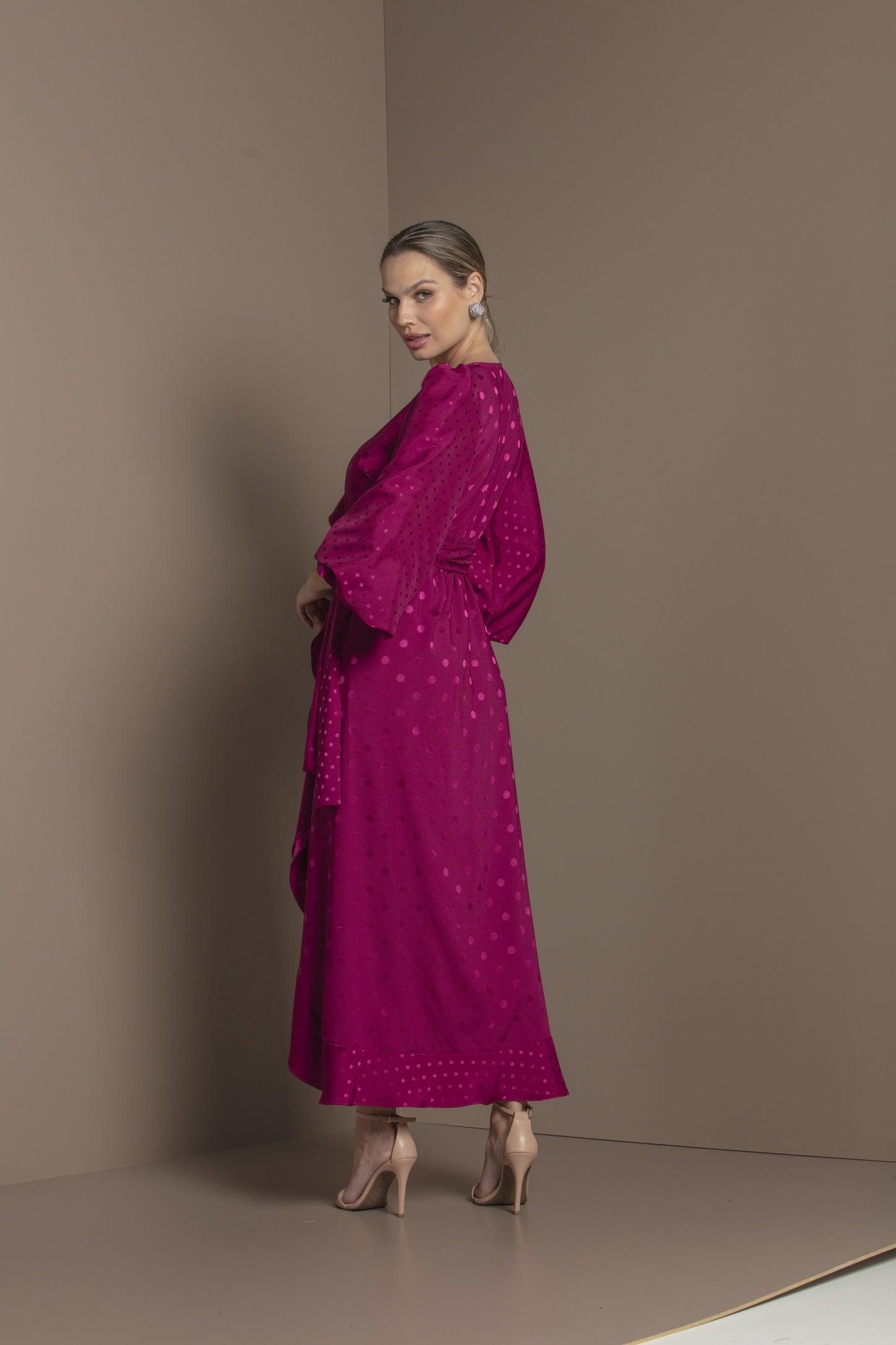 Shiny Wine Satin Jacquard Polka Dot Dress