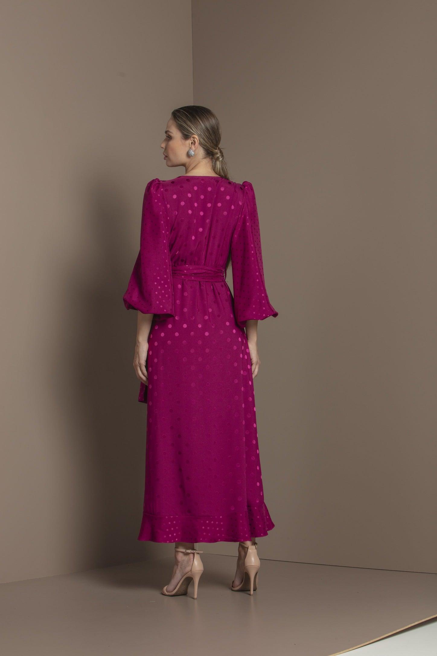 Shiny Wine Satin Jacquard Polka Dot Dress