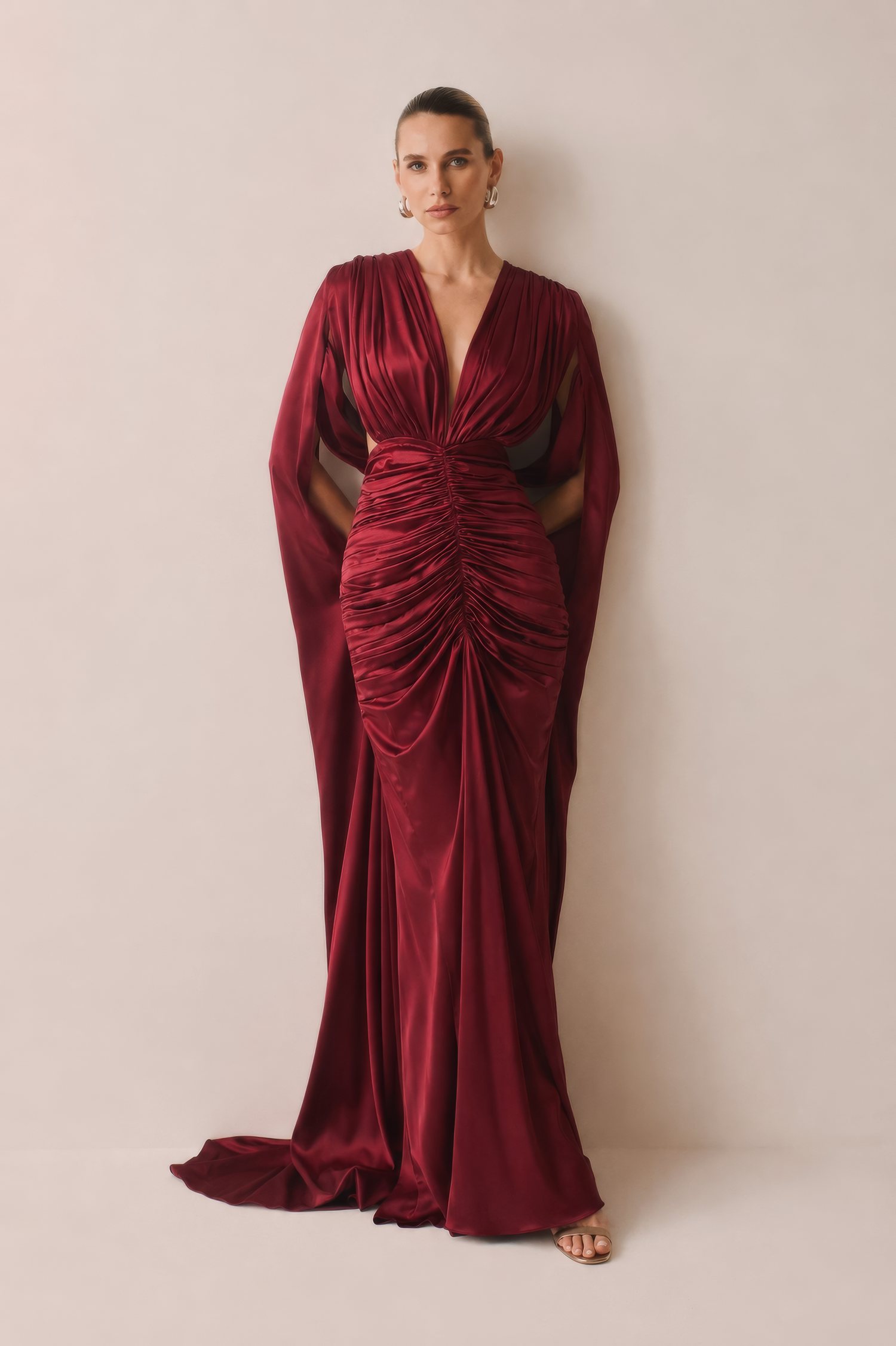 SATIN ruched garnet silk gown, full length