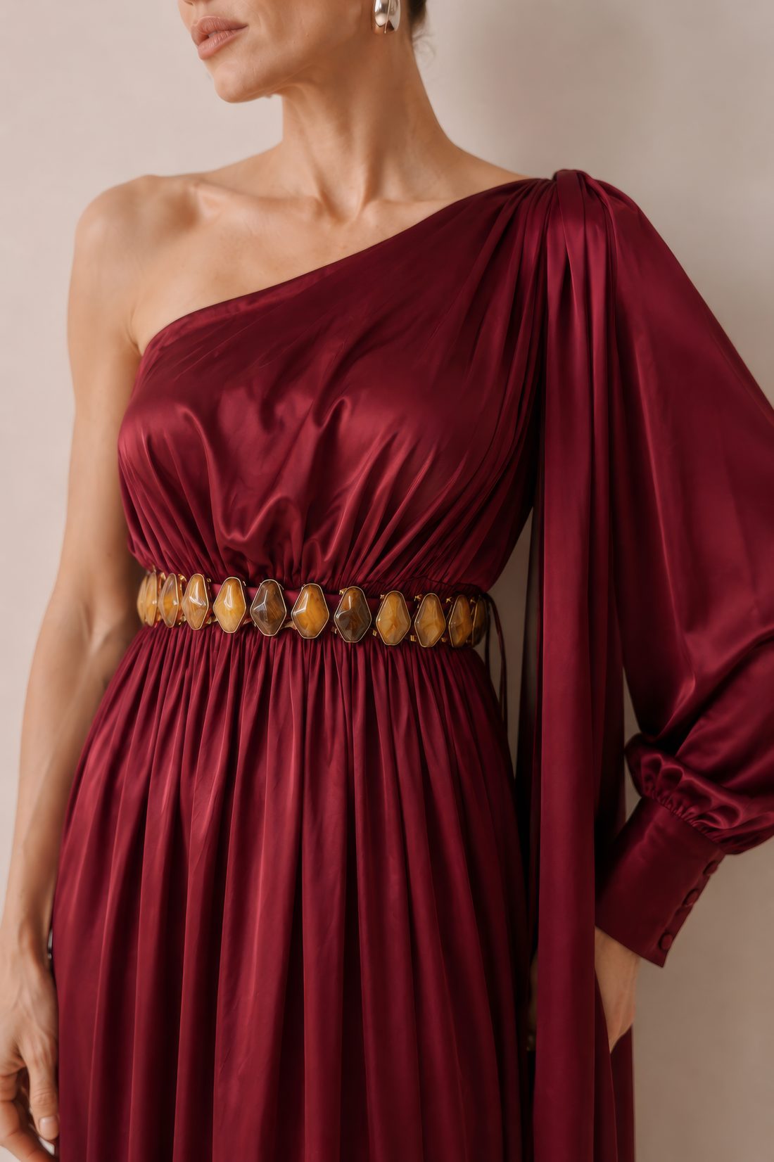 Wine silk with jewelled stone belt